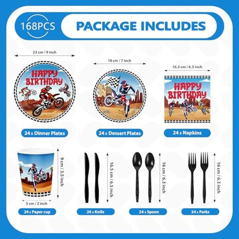 168 Pcs Dirt Bike Birthday Party Plates Napkins Cups and Forks - Grencian