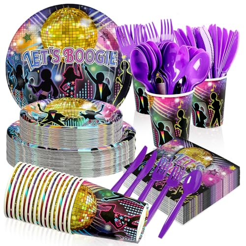 168 Pcs Disco 70s Party Plates Napkins Cups and Forks - Grencian