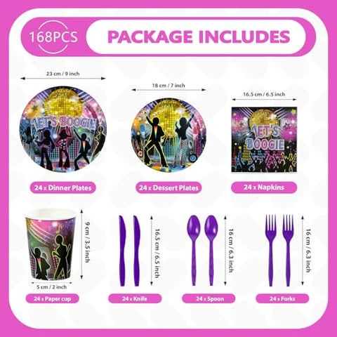168 Pcs Disco 70s Party Plates Napkins Cups and Forks - Grencian