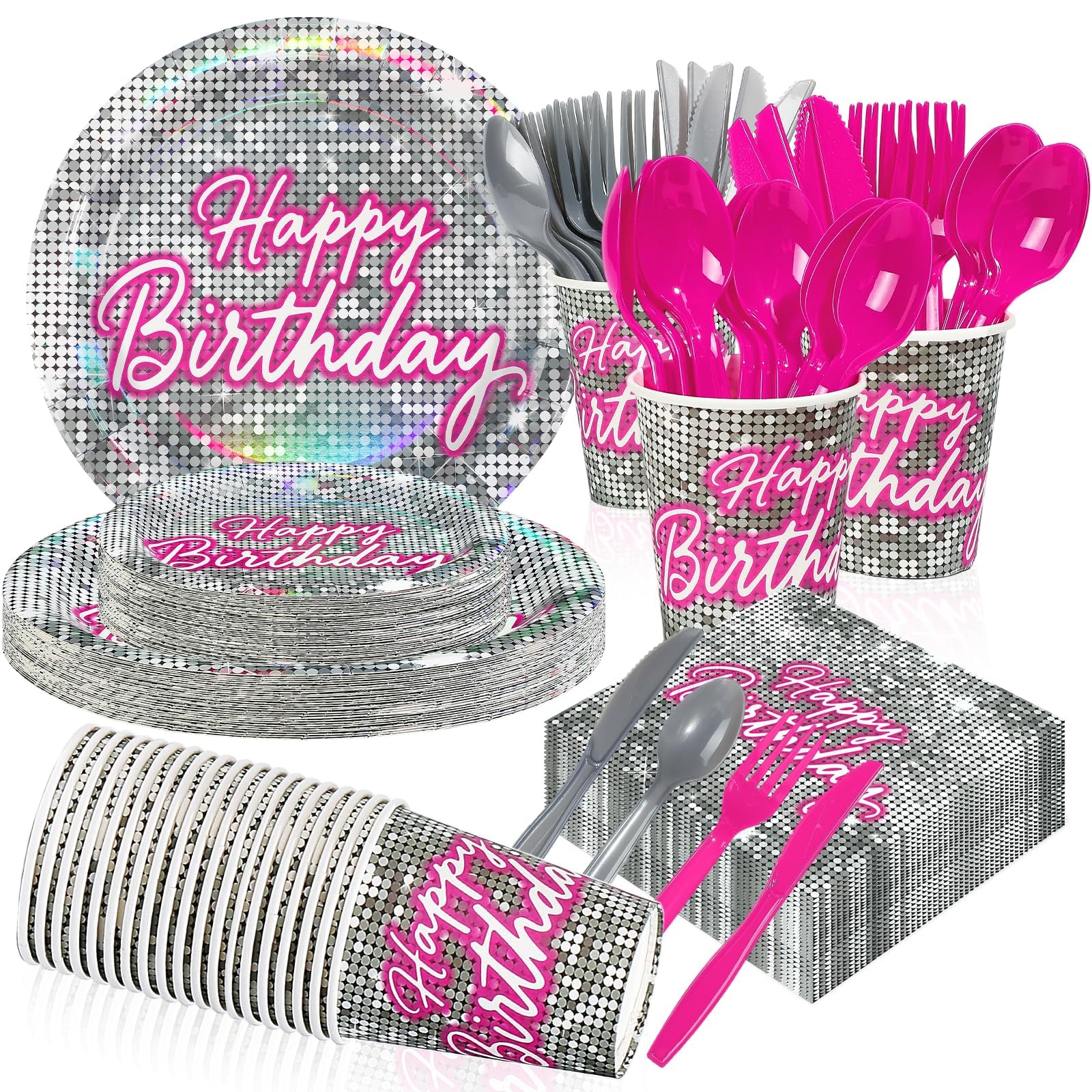 168 Pcs Disco Birthday Party Plates Napkins Cups and Forks - Grencian