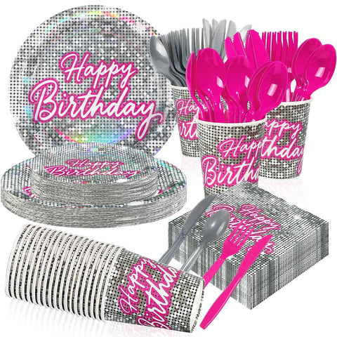 168 Pcs Disco Birthday Party Plates Napkins Cups and Forks - Grencian