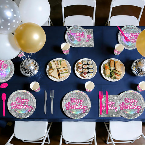 168 Pcs Disco Birthday Party Plates Napkins Cups and Forks - Grencian
