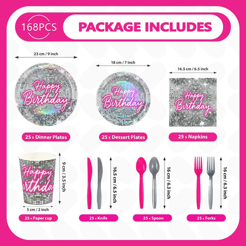 168 Pcs Disco Birthday Party Plates Napkins Cups and Forks - Grencian
