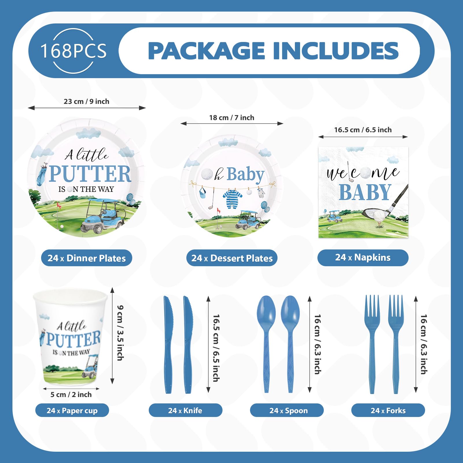 168 Pcs Golf Baby Shower Party Plates Napkins Cups and Forks - Grencian