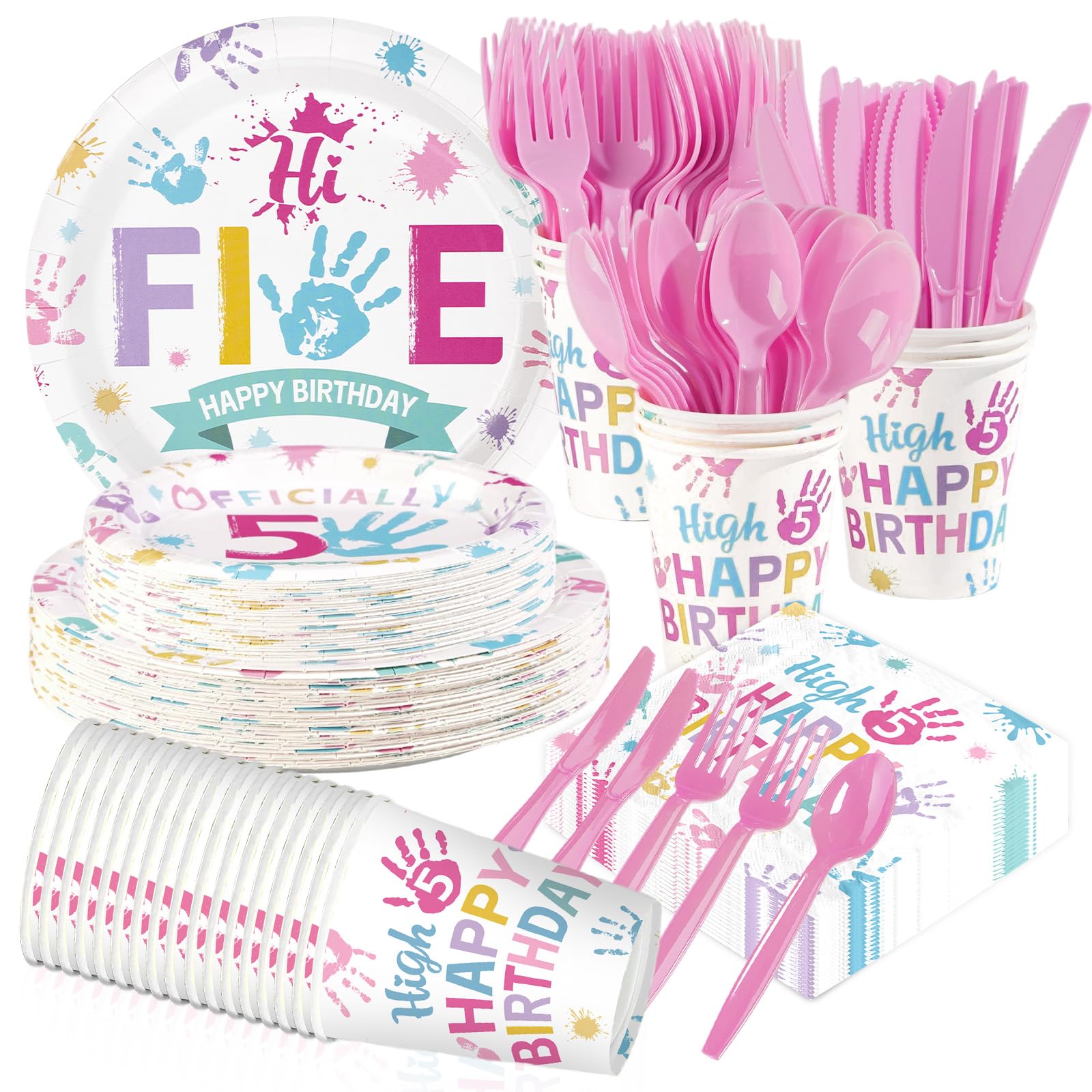 168 Pcs Hi Five Birthday Party Plates Napkins Cups and Forks - Grencian