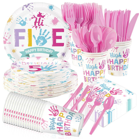 168 Pcs Hi Five Birthday Party Plates Napkins Cups and Forks - Grencian