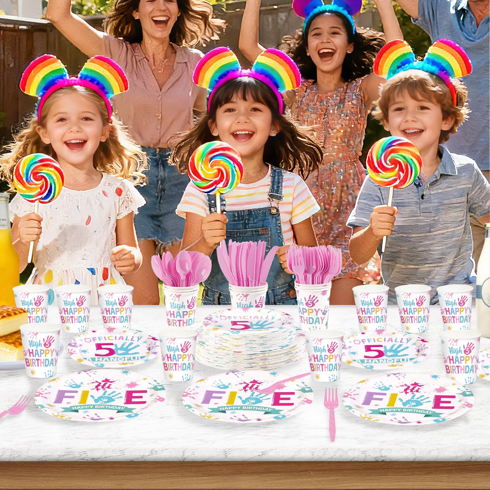 168 Pcs Hi Five Birthday Party Plates Napkins Cups and Forks - Grencian