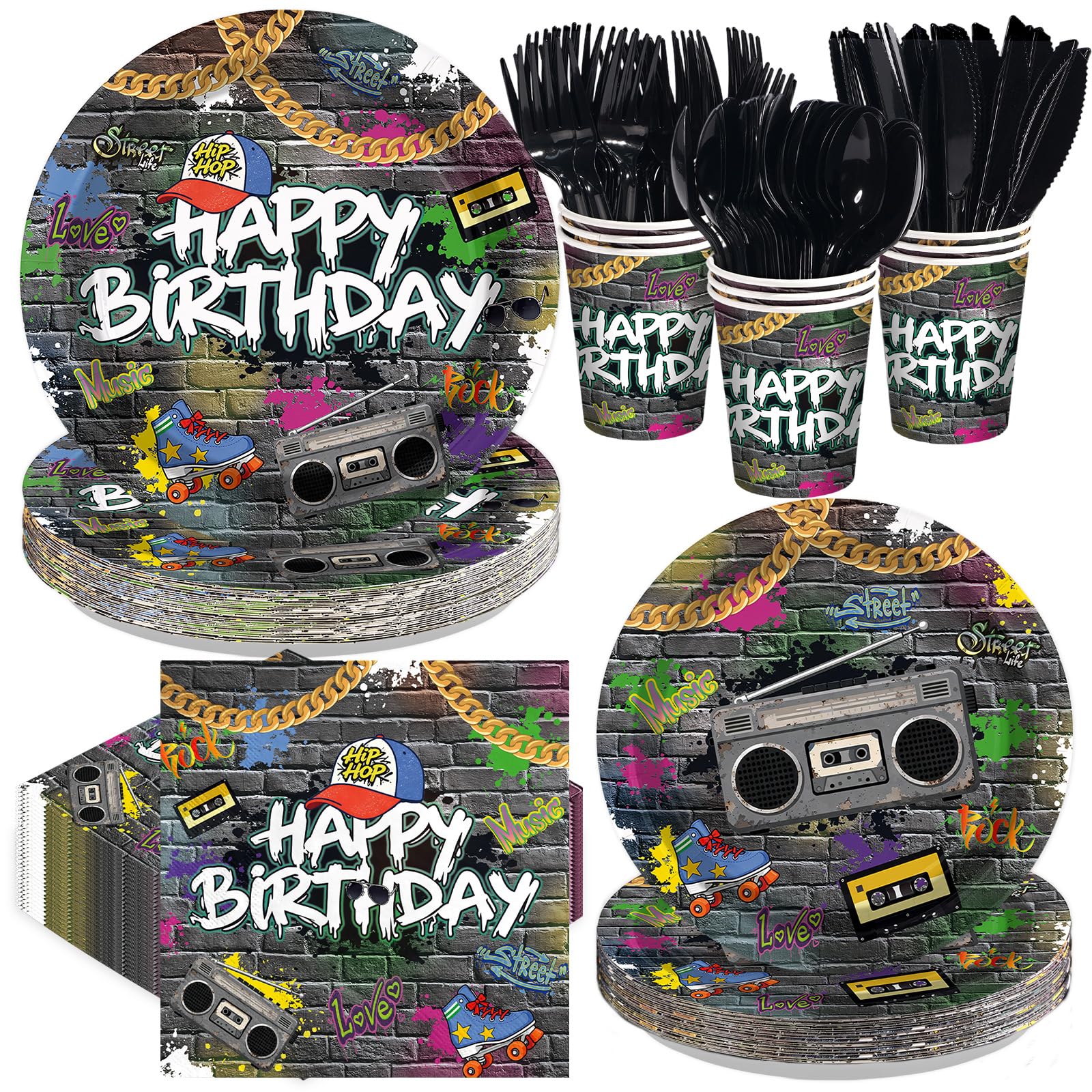 168 Pcs Hip Hop Birthday Party Plates Napkins Cups and Forks - Grencian