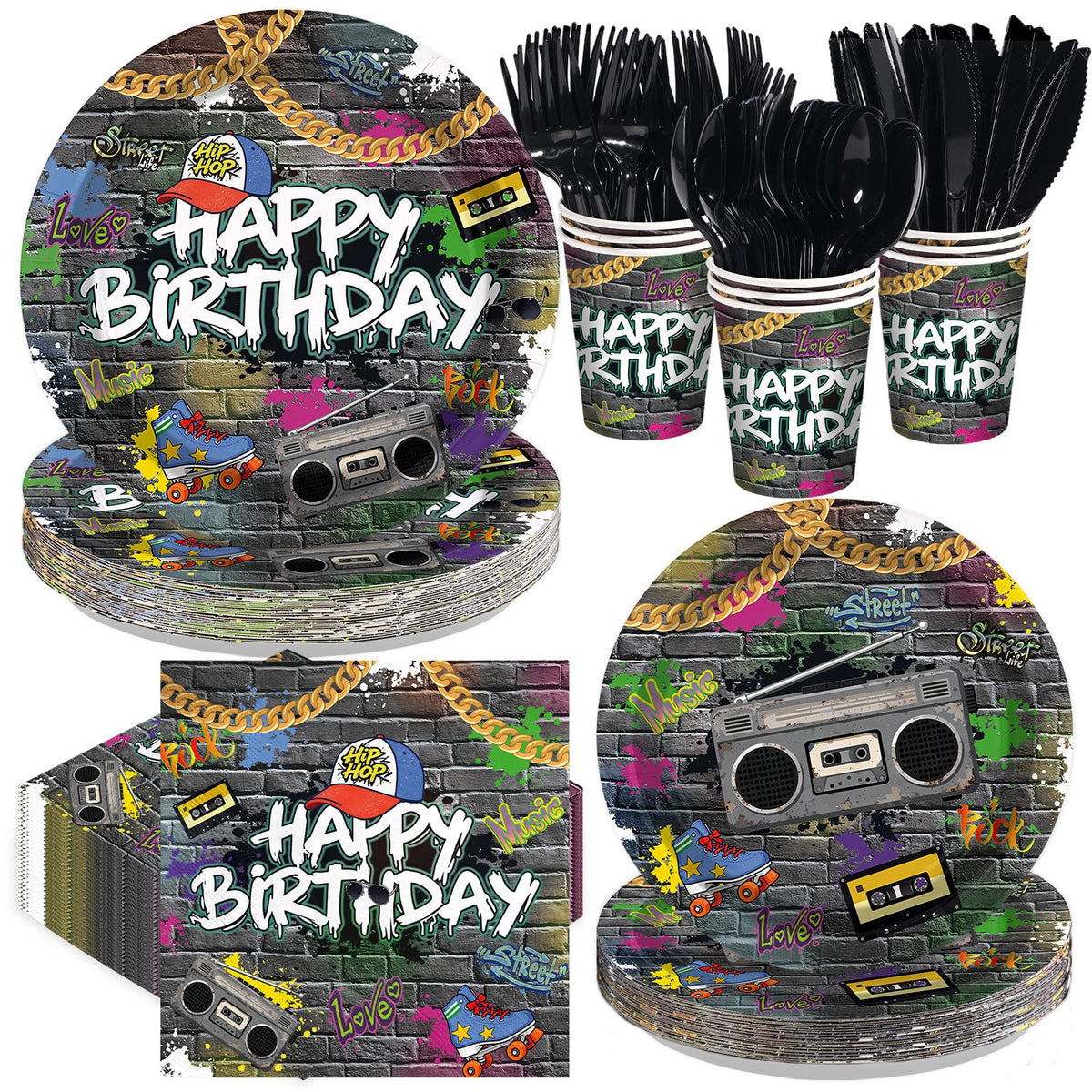 168 Pcs Hip Hop Birthday Party Plates Napkins Cups and Forks - Grencian