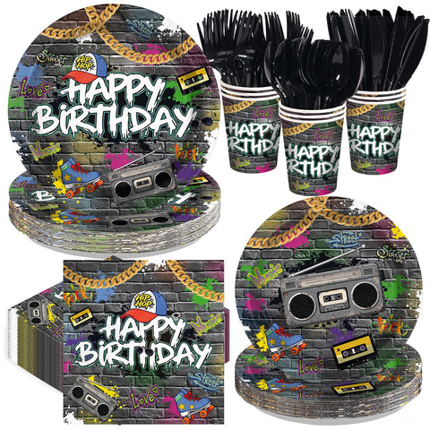 168 Pcs Hip Hop Birthday Party Plates Napkins Cups and Forks - Grencian