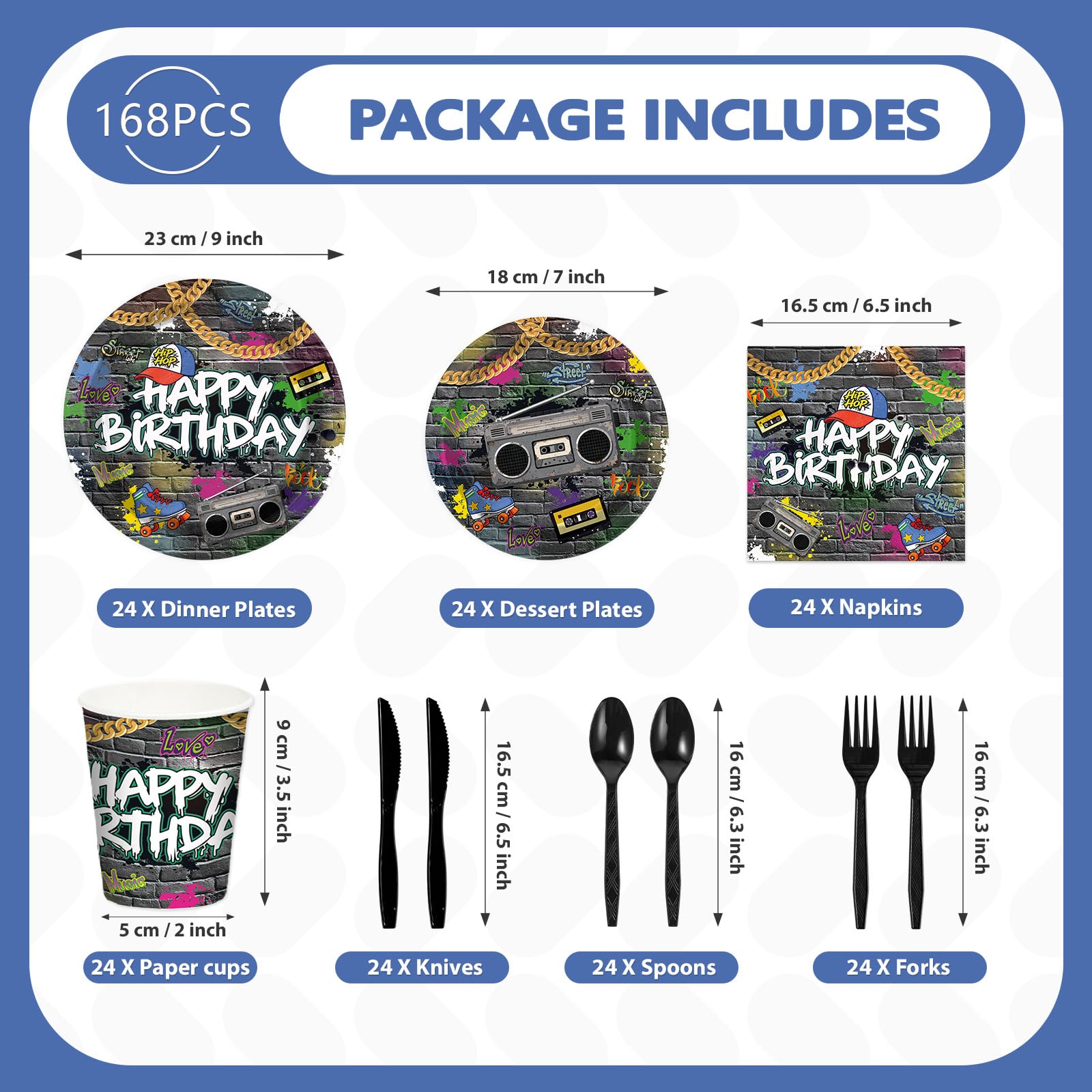 168 Pcs Hip Hop Birthday Party Plates Napkins Cups and Forks - Grencian