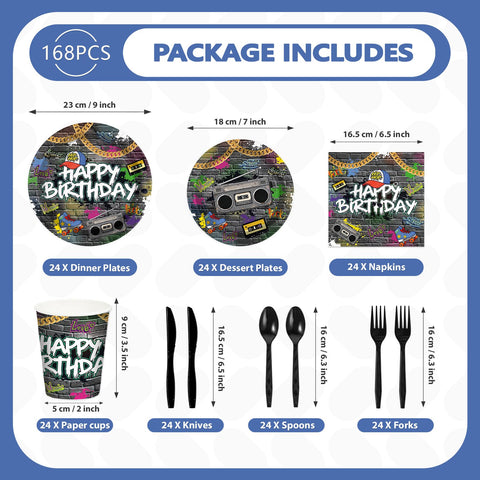 168 Pcs Hip Hop Birthday Party Plates Napkins Cups and Forks - Grencian