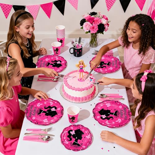 168 Pcs Hot Pink Birthday Party Plates Napkins Cups and Forks - Grencian
