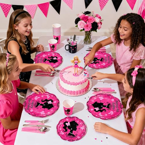 168 Pcs Hot Pink Birthday Party Plates Napkins Cups and Forks - Grencian