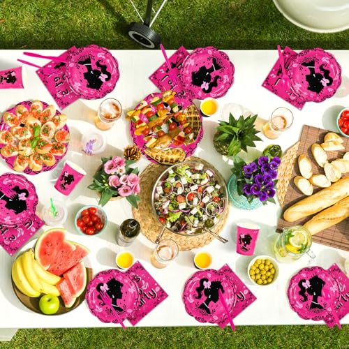 168 Pcs Hot Pink Birthday Party Plates Napkins Cups and Forks - Grencian