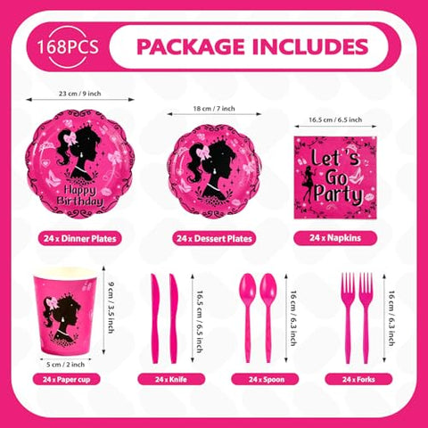 168 Pcs Hot Pink Birthday Party Plates Napkins Cups and Forks - Grencian
