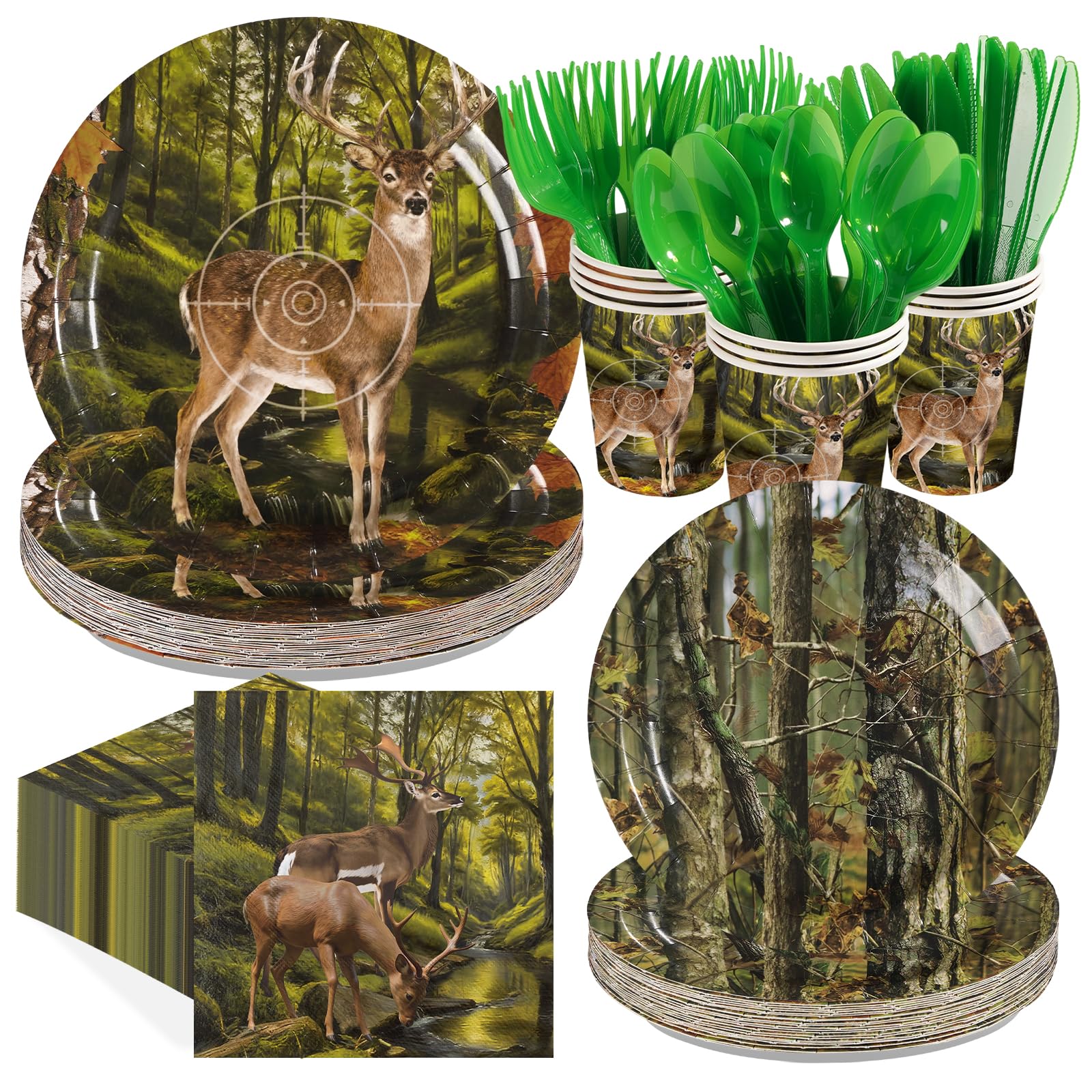 168 Pcs Hunting Deer Camo Party Plates Napkins Cups and Forks - Grencian