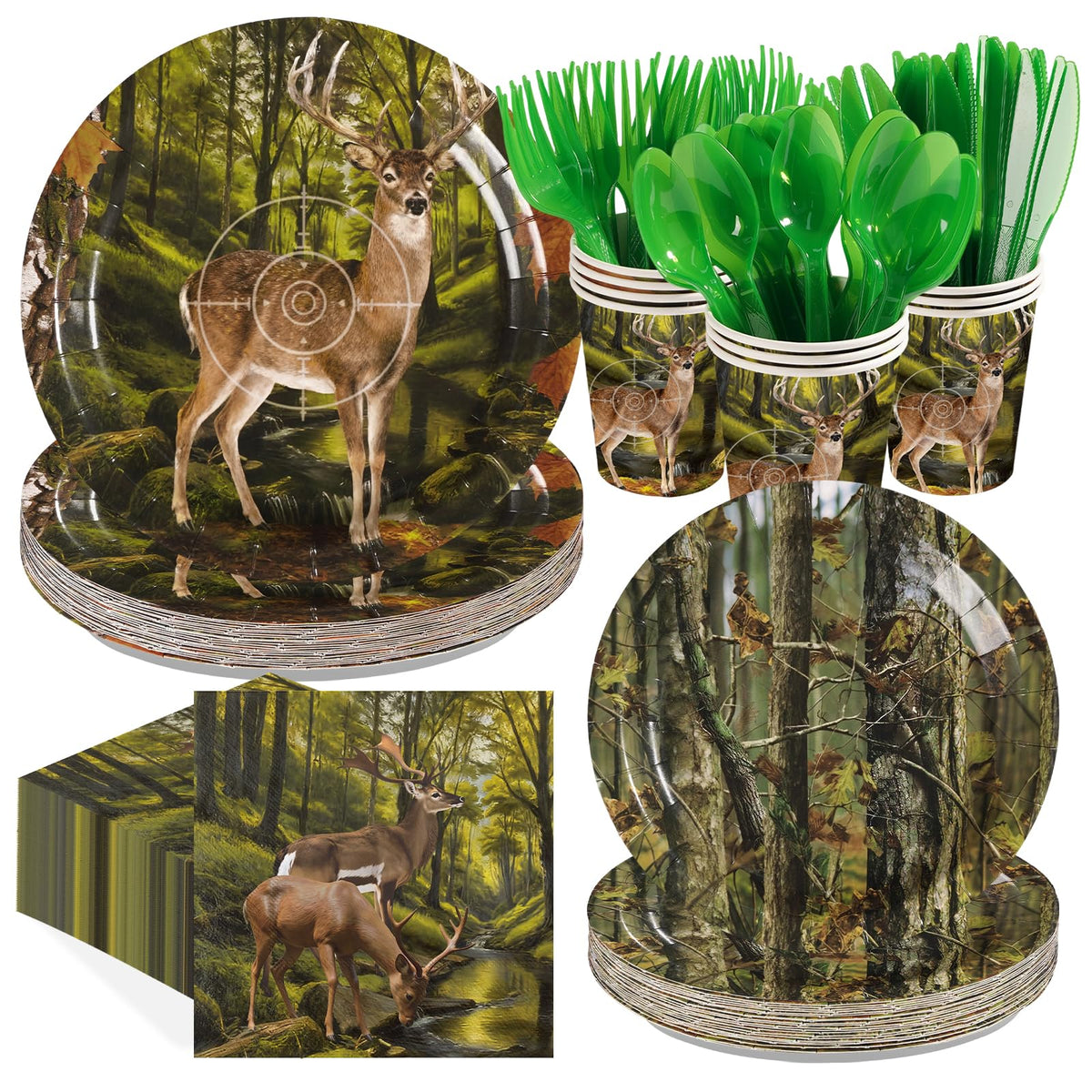 168 Pcs Hunting Deer Camo Party Plates Napkins Cups and Forks - Grencian