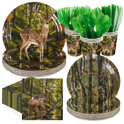 168 Pcs Hunting Deer Camo Party Plates Napkins Cups and Forks - Grencian