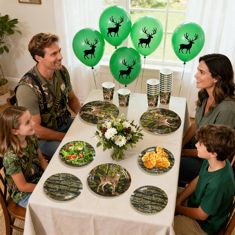 168 Pcs Hunting Deer Camo Party Plates Napkins Cups and Forks - Grencian