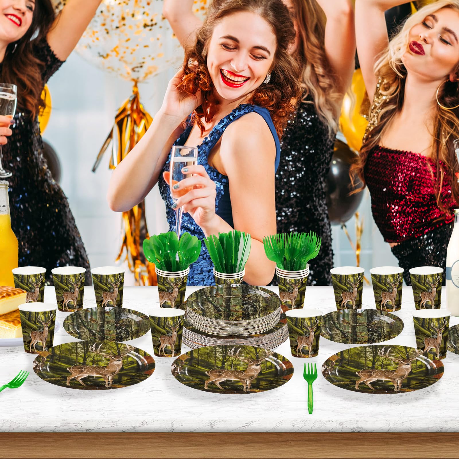 168 Pcs Hunting Deer Camo Party Plates Napkins Cups and Forks - Grencian