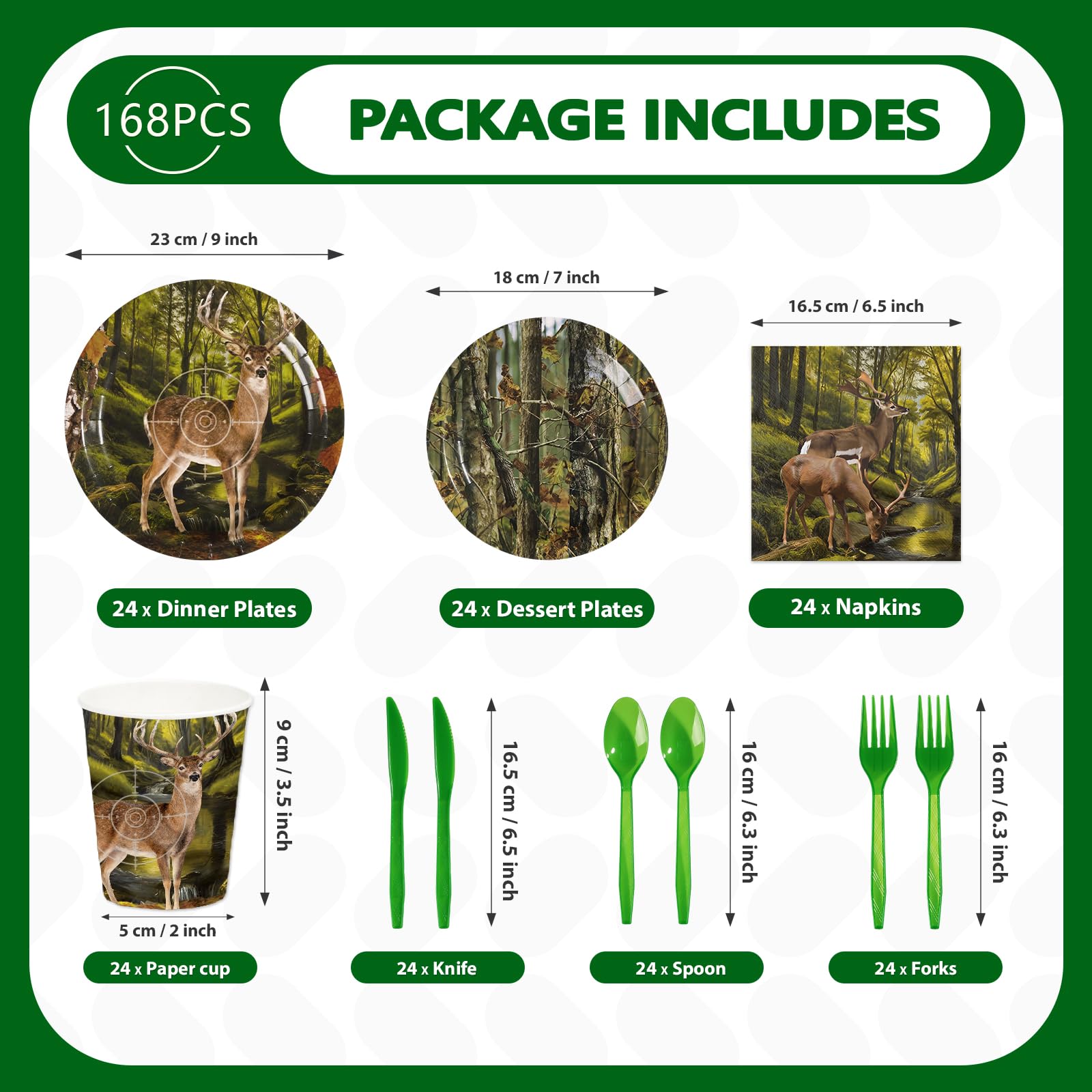 168 Pcs Hunting Deer Camo Party Plates Napkins Cups and Forks - Grencian