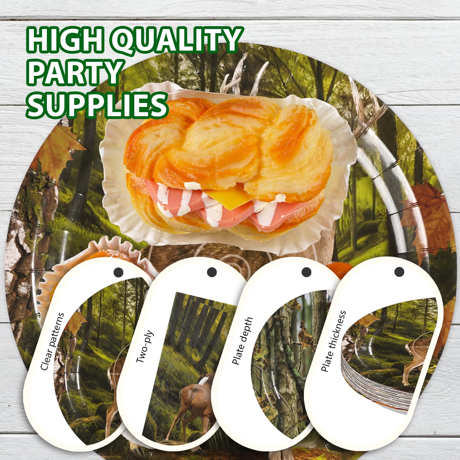 168 Pcs Hunting Deer Camo Party Plates Napkins Cups and Forks - Grencian