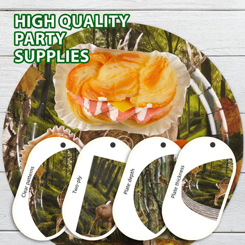 168 Pcs Hunting Deer Camo Party Plates Napkins Cups and Forks - Grencian