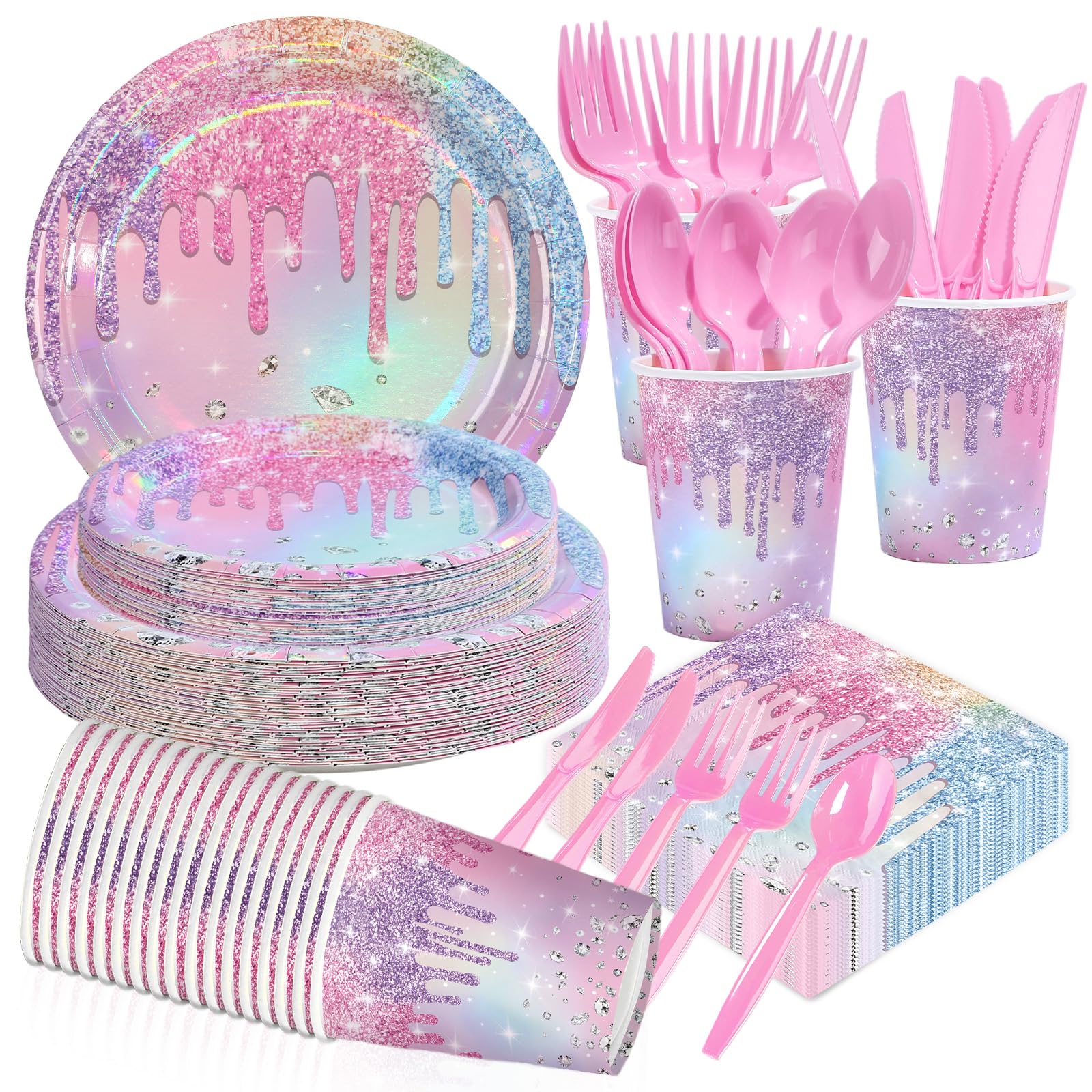 168 Pcs Iridescent Birthday Party Plates Napkins Cups and Forks - Grencian