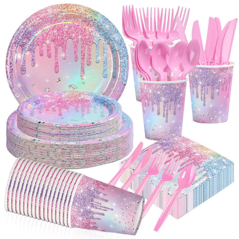 168 Pcs Iridescent Birthday Party Plates Napkins Cups and Forks - Grencian
