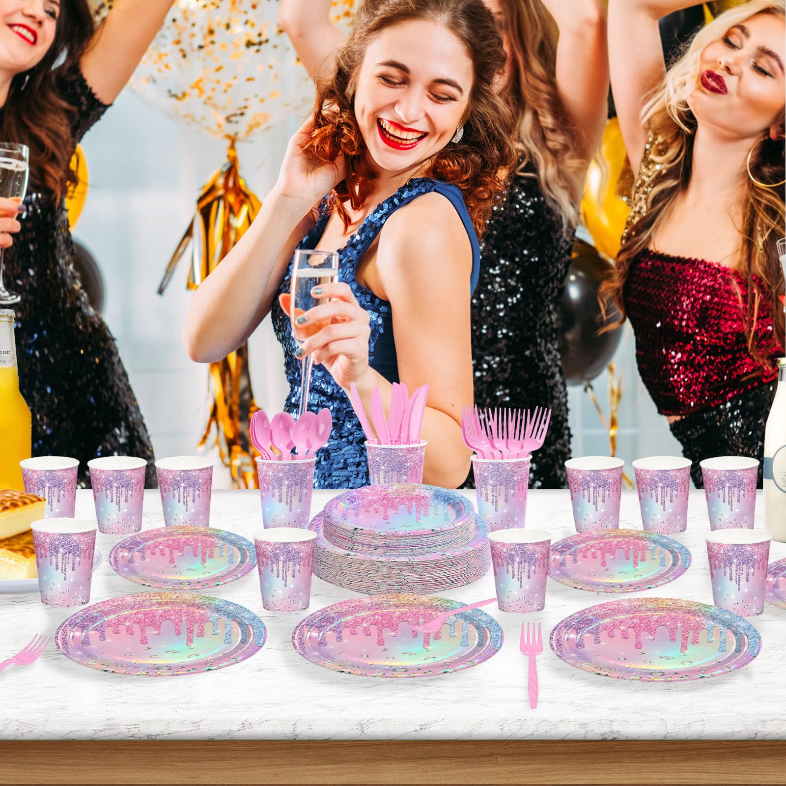 168 Pcs Iridescent Birthday Party Plates Napkins Cups and Forks - Grencian