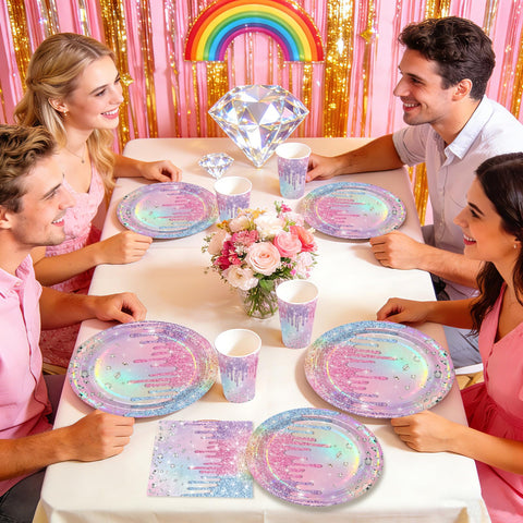 168 Pcs Iridescent Birthday Party Plates Napkins Cups and Forks - Grencian