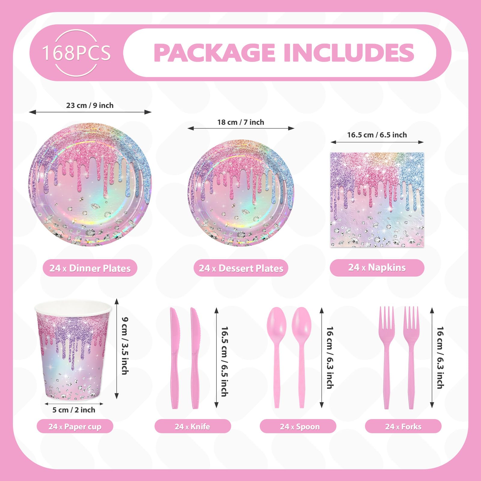 168 Pcs Iridescent Birthday Party Plates Napkins Cups and Forks - Grencian
