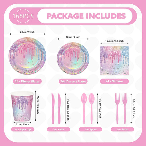 168 Pcs Iridescent Birthday Party Plates Napkins Cups and Forks - Grencian