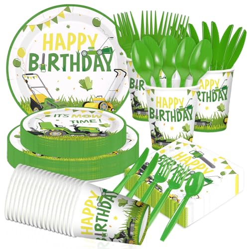 168 Pcs Lawnmower Birthday Party Plates Napkins Cups and Forks - Grencian