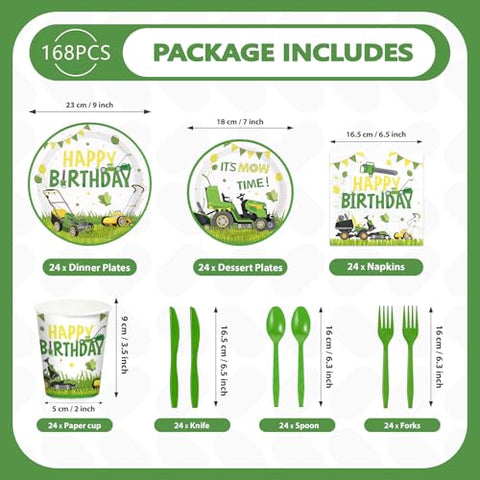 168 Pcs Lawnmower Birthday Party Plates Napkins Cups and Forks - Grencian