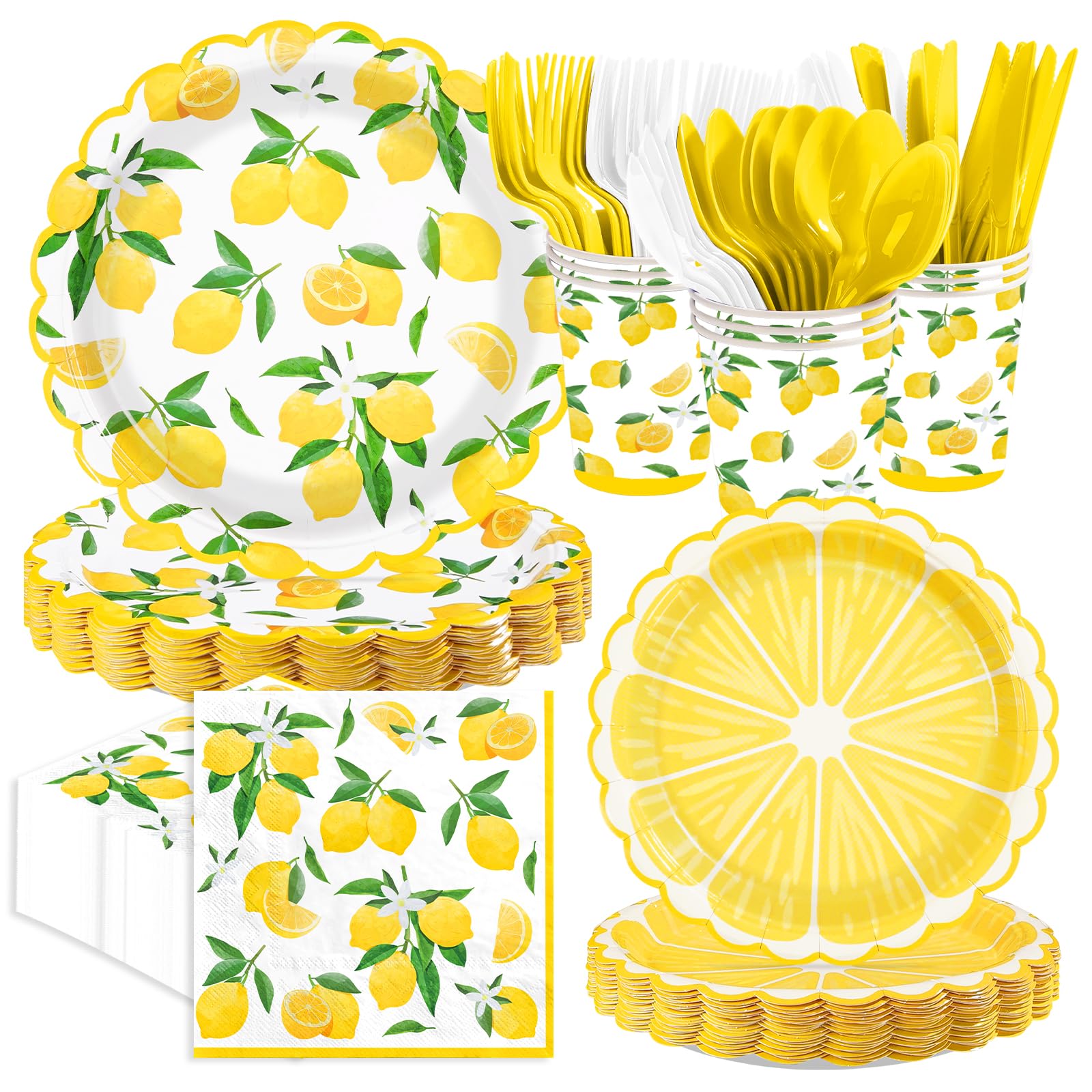 168 Pcs Lemon Party Scalloped Plates Napkins Cups and Forks - Grencian
