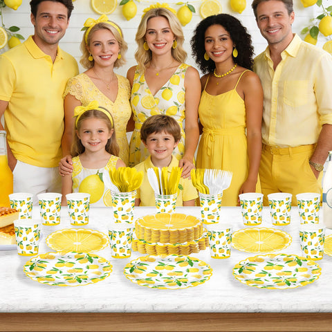 168 Pcs Lemon Party Scalloped Plates Napkins Cups and Forks - Grencian