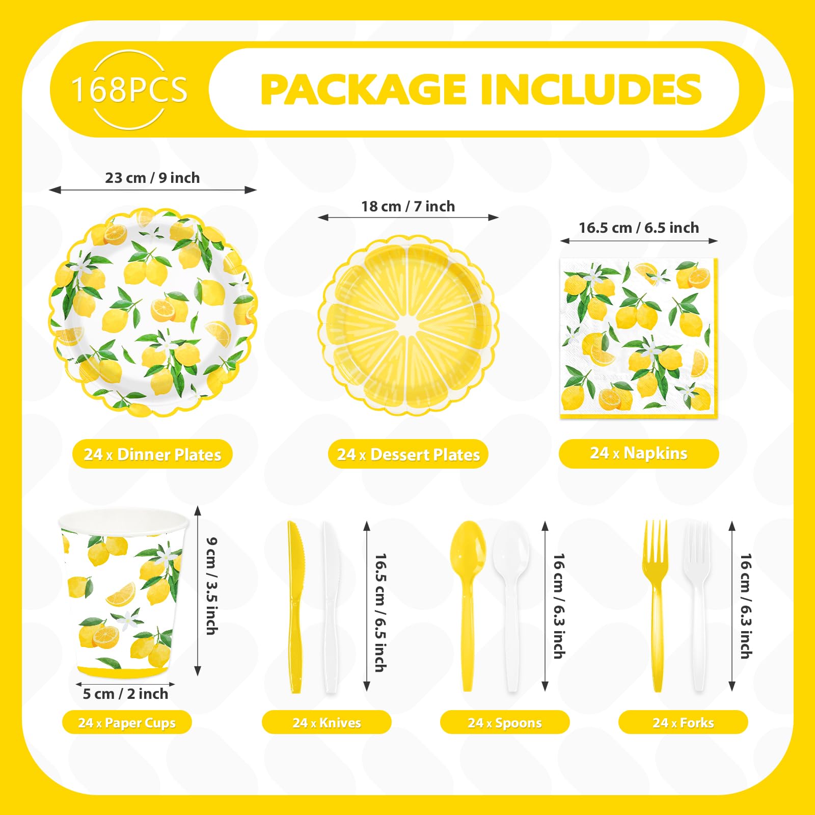 168 Pcs Lemon Party Scalloped Plates Napkins Cups and Forks - Grencian