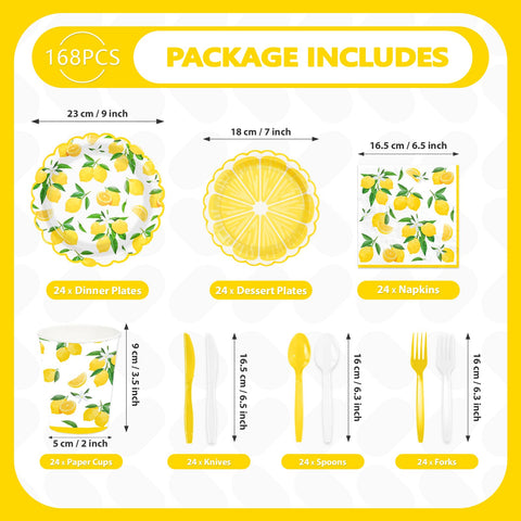 168 Pcs Lemon Party Scalloped Plates Napkins Cups and Forks - Grencian