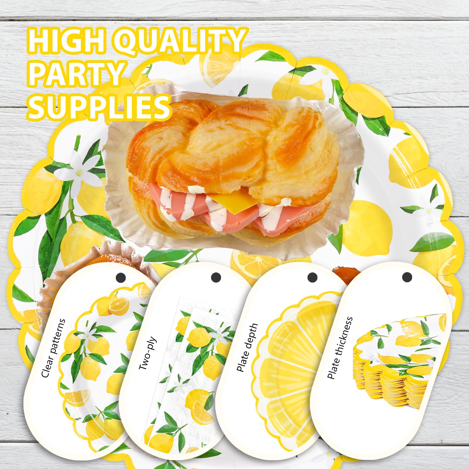 168 Pcs Lemon Party Scalloped Plates Napkins Cups and Forks - Grencian
