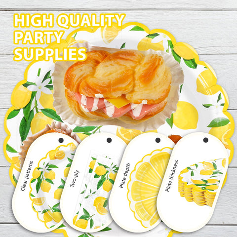 168 Pcs Lemon Party Scalloped Plates Napkins Cups and Forks - Grencian