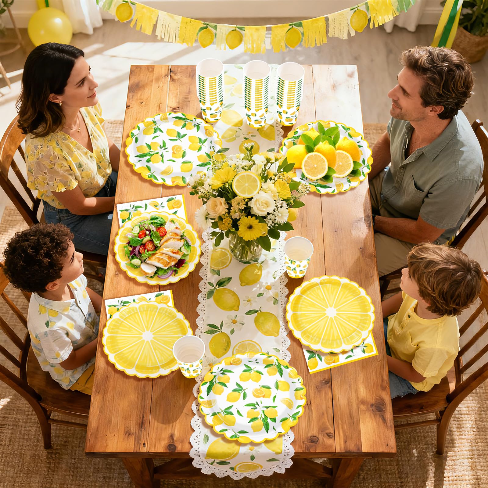 168 Pcs Lemon Party Scalloped Plates Napkins Cups and Forks - Grencian