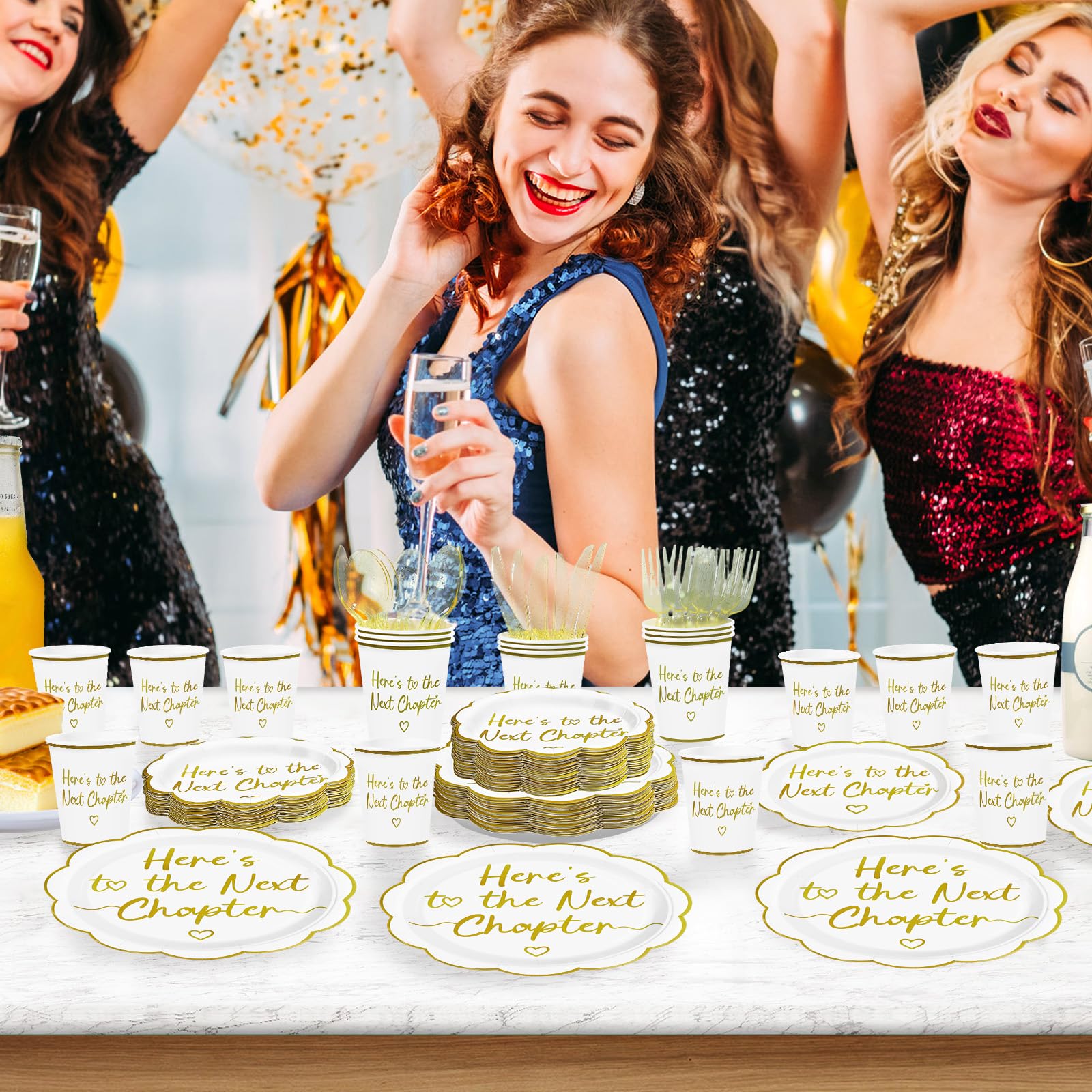 168 Pcs Next Chapter Party Scalloped Plates Napkins Cups and Forks - Grencian