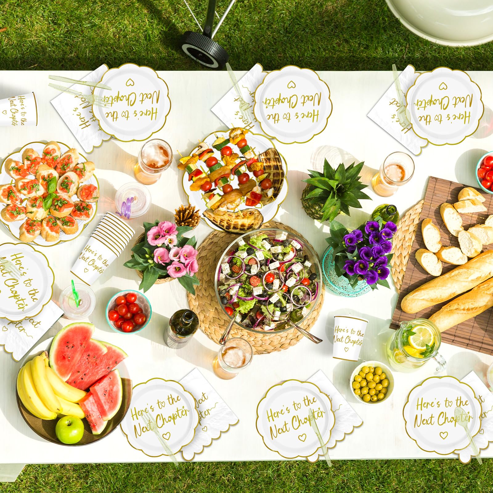 168 Pcs Next Chapter Party Scalloped Plates Napkins Cups and Forks - Grencian