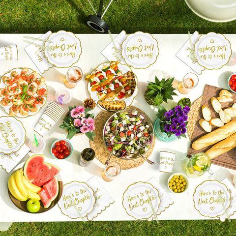 168 Pcs Next Chapter Party Scalloped Plates Napkins Cups and Forks - Grencian