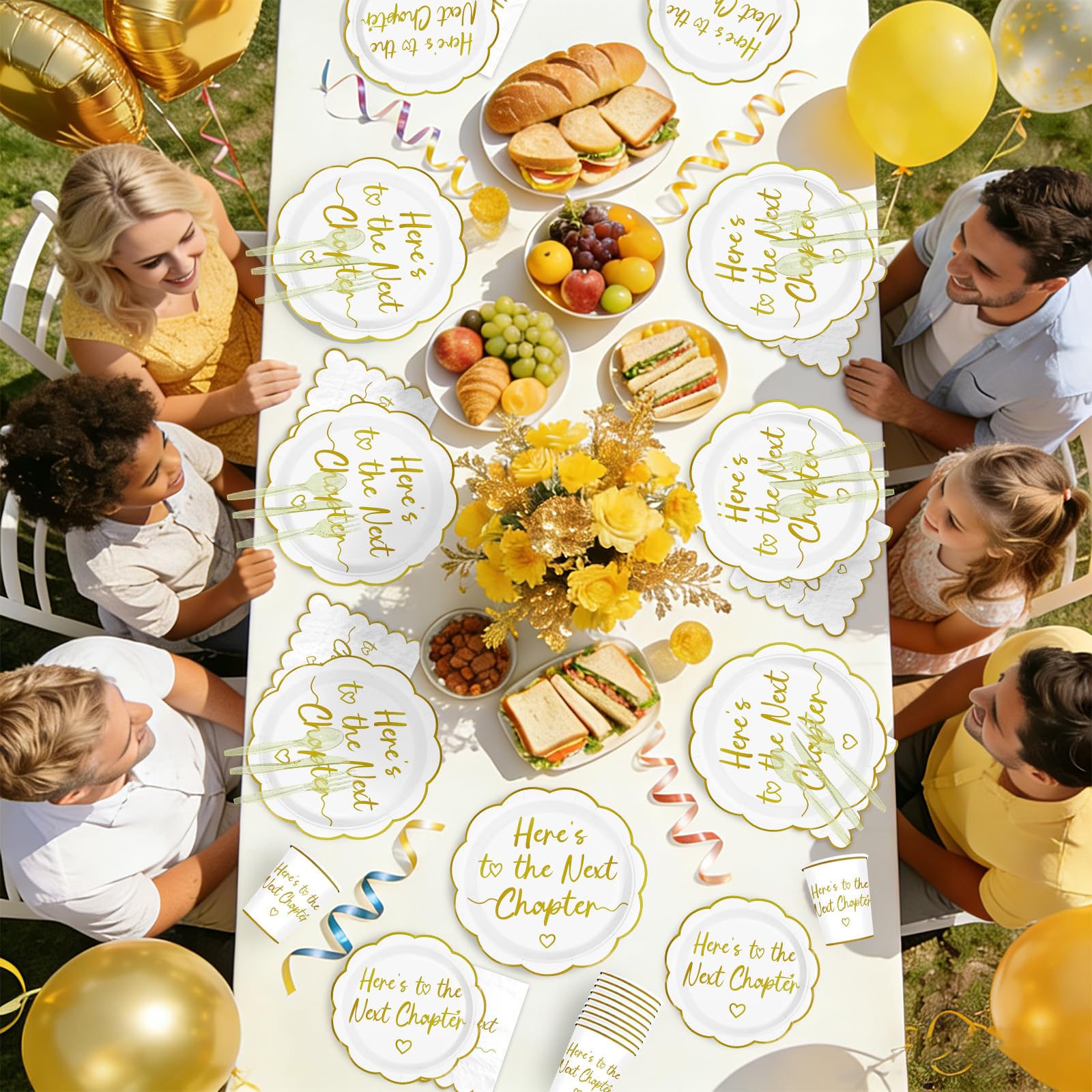 168 Pcs Next Chapter Party Scalloped Plates Napkins Cups and Forks - Grencian