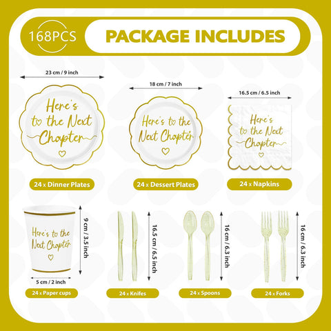 168 Pcs Next Chapter Party Scalloped Plates Napkins Cups and Forks - Grencian