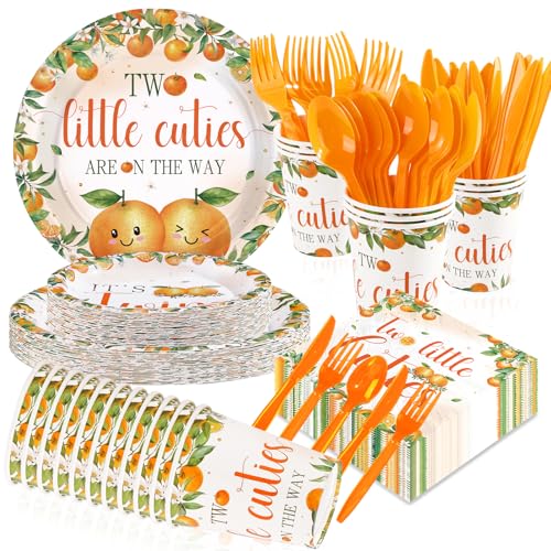 168 Pcs Orange Twins Baby Shower Party Plates Napkins Cups and Forks - Grencian