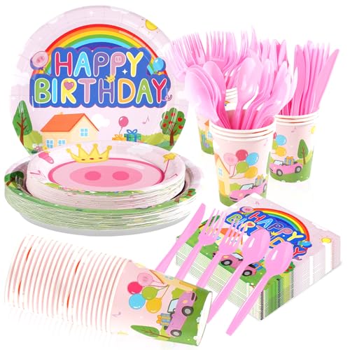168 Pcs Pig Birthday Party Plates Napkins Cups and Forks - Grencian